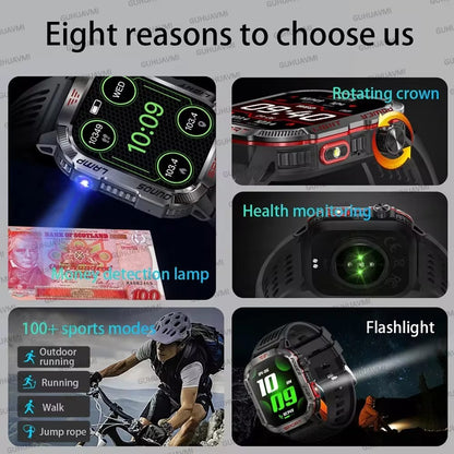 Novo relógio inteligente masculino para ambientes externos de 2,01 polegadas, à prova d'água 3ATM, bateria de 600mAh, bússola, lanterna LED, chamada Bluetooth, Smartwatch para Xiaomi
