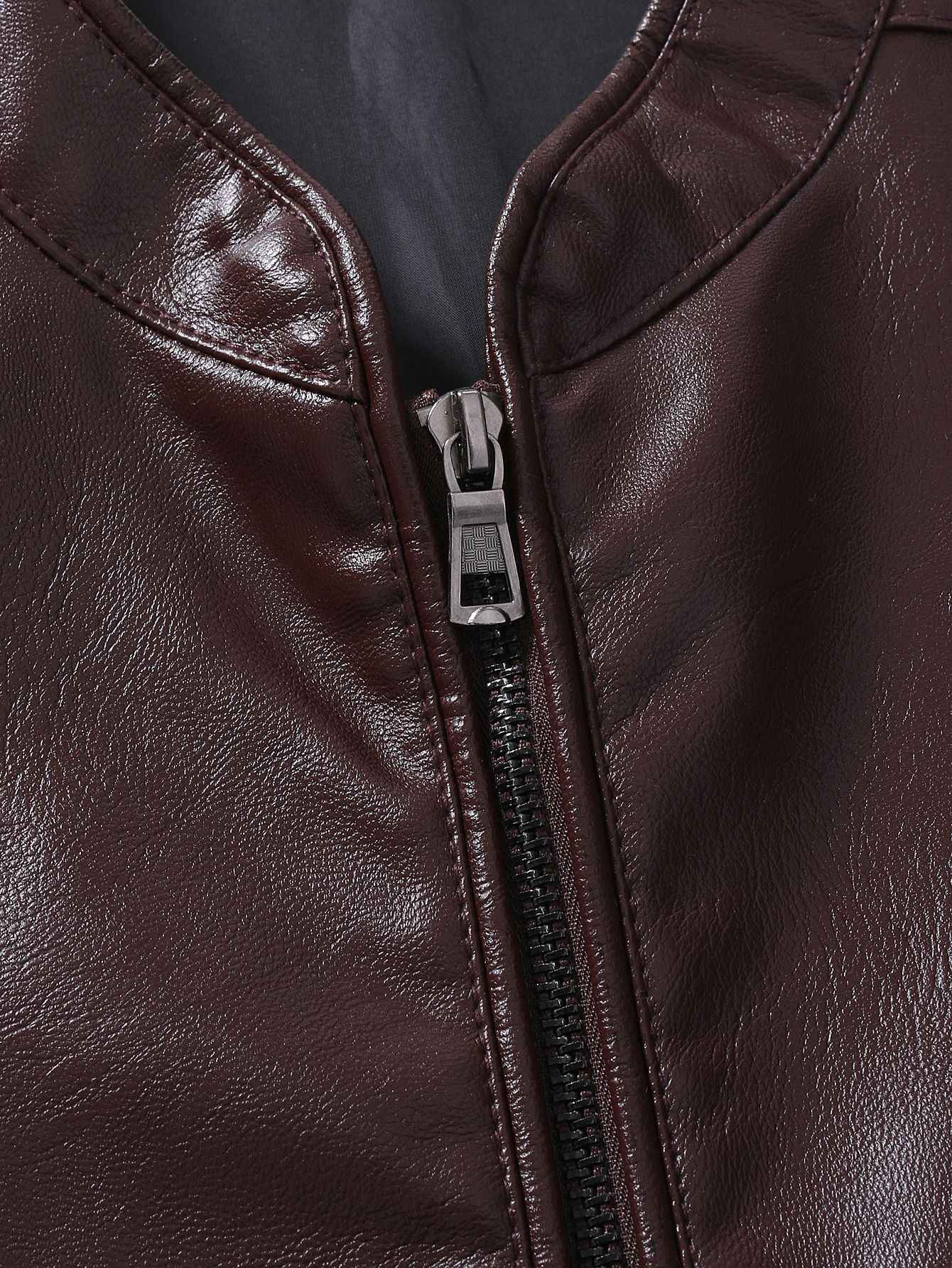 2024 Spring New Men's Business Casual Slim Long-sleeved Pu Leather Jacket Jacket Side Seam Pocket Zipper Solid Color
