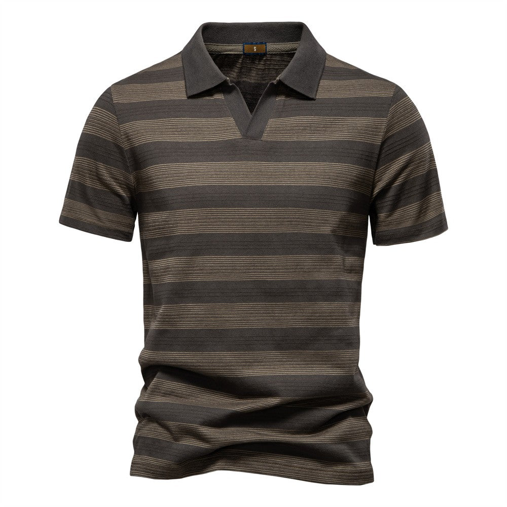 AIOPESON 2025 New Summer Striped V Neck Cotton Polo Shirts for Men Breathable Short Sleeve Casual Knit Shirts Comfort Fit