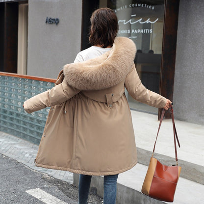 Women Winter Parka Warm Hooded Long Sleeve Zipper Thick Jackets Fur Collar Fleece Drawstring Long Coat Casual Streetwear Outwear
