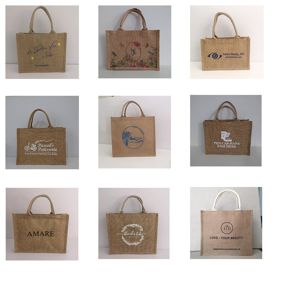 100pcs/lot Custom Printed Grocery Eco Friendly Waterproof Natural Laminated Burlap Sack Jute Beach Bag for Women Towel Wedding