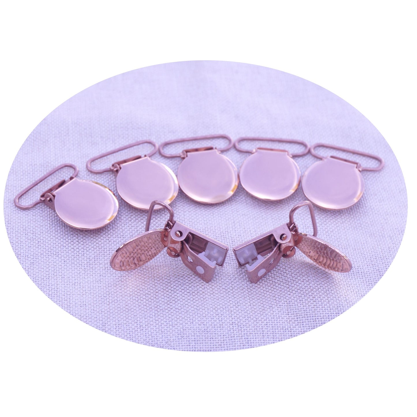 10Pcs Rose Gold Round Shape Pacifier Suspender Clips Baby Pacifier Holder Infant Dummy Clip With Plastic Insert for 25mm Ribbon