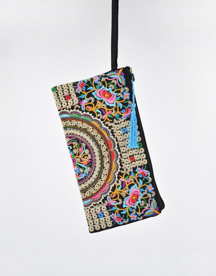 Vintage Ethnic Style Embroidered Long Wallet Wristlet Clutch Bag with Flower Fabric and Phone Pocket
