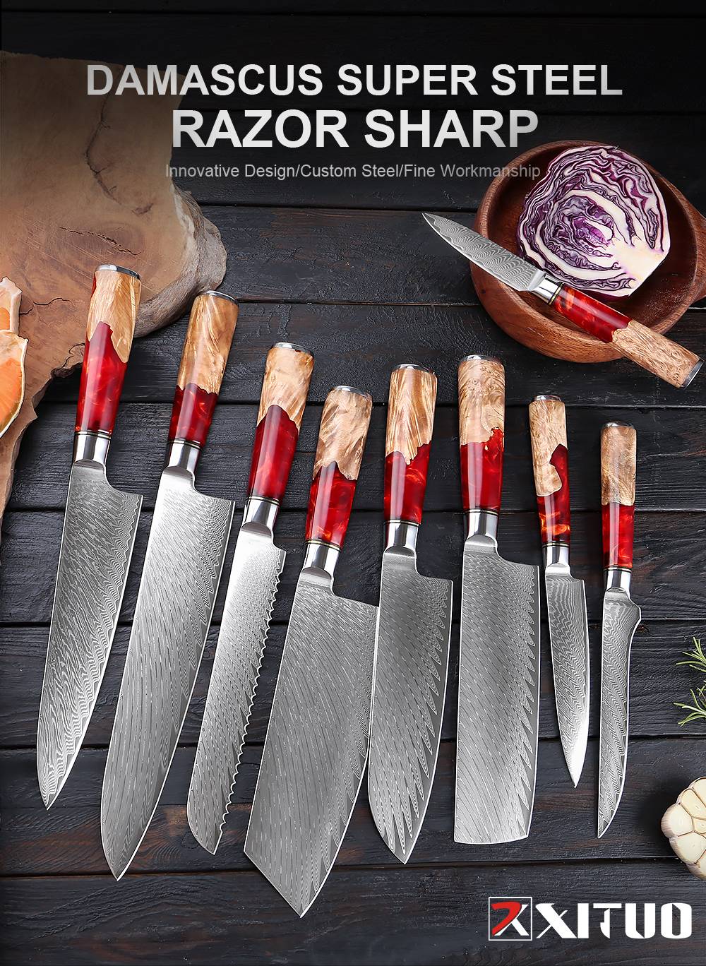 XITUO Conjunto de Facas de Cozinha de Aço Damasco de 1 a 9 Peças Inclui Faca do Chefe, Faca de Pão, Cutelo, Faca Santoku, Faca Nakiri para Desossar