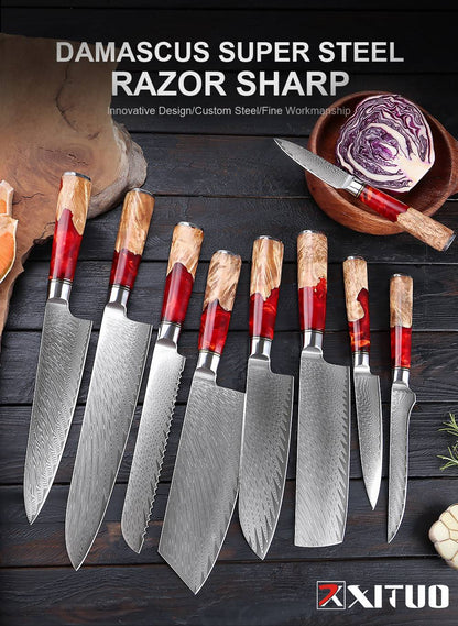 XITUO Conjunto de Facas de Cozinha de Aço Damasco de 1 a 9 Peças Inclui Faca do Chefe, Faca de Pão, Cutelo, Faca Santoku, Faca Nakiri para Desossar