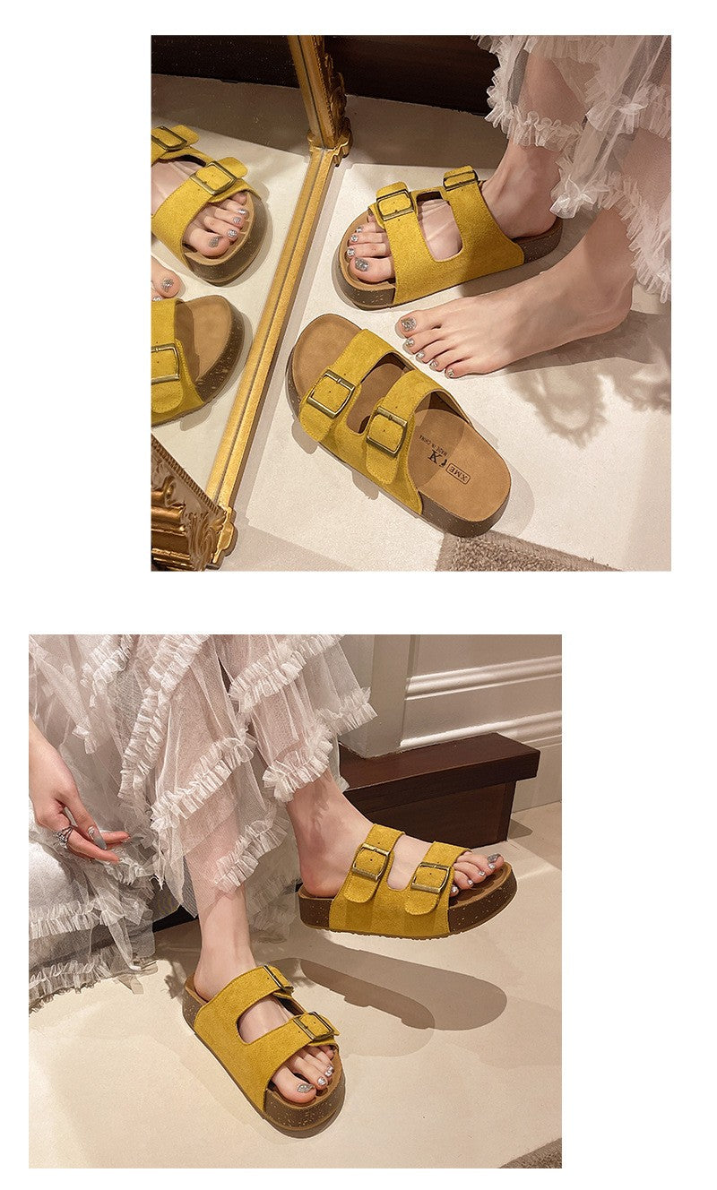 Bebealy Women's Sandals Soft-soled Platform Sandals Double Buckle Roman-style Belt-buckle Slippers Popular Slip-on Flat Slippers