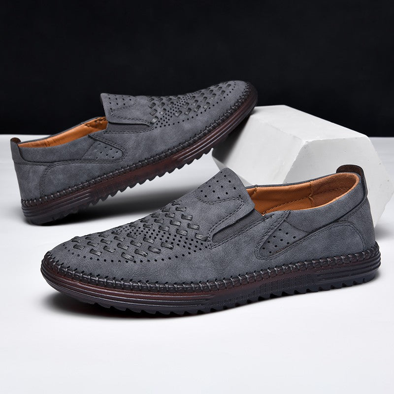 New 2024 Handmade Leather Men Shoes Design Fashion Sneakers Slip On Loafers Summer Mesh Breathable Casual Shoes Men Driving Flat