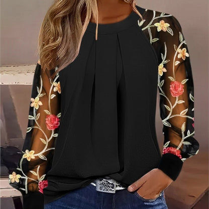 Spring And Autumn Women's Fashionable Round Neck Lace Patchwork Shirt Elegant Long Sleeved Hollow V-neck Loose Fitting Blouse
