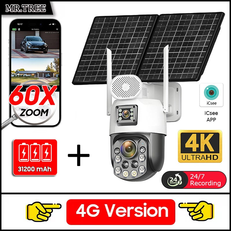 Câmeras de segurança solares externas 4K, 4G SIM, 2 lentes/tela, zoom óptico de 60x, rastreamento automático, PTZ 360°, câmera IP para vigilância residencial