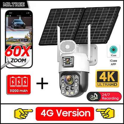 Câmeras de segurança solares externas 4K, 4G SIM, 2 lentes/tela, zoom óptico de 60x, rastreamento automático, PTZ 360°, câmera IP para vigilância residencial