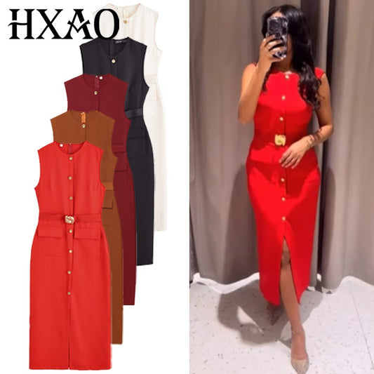 HXAO Womens Black Dresses Belt Long Dresses Summer 2025 Casual Women's Dresses M