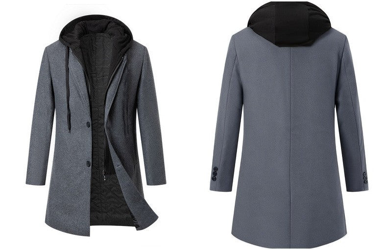 Men's Thickened Fake Two-Piece Wool Blend Overcoat, Hooded Long Coat Man, Autumn Winter Solid Color Slim Windbreaker Men