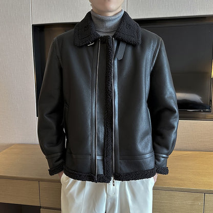 Autumn and winter warm thick leather jacket for men's trendy slim fit lapel motorcycle suit men's leather jacket