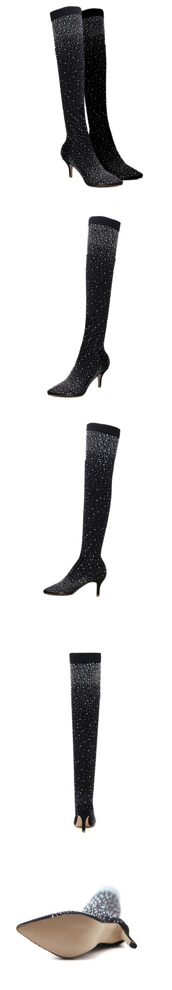 Aneikeh Sexy High Heels Sock Over-the-Knee Boots Pointed Toe Design Crystal Rhinestone Stretch Fabric Pole Dancing Women Shoes