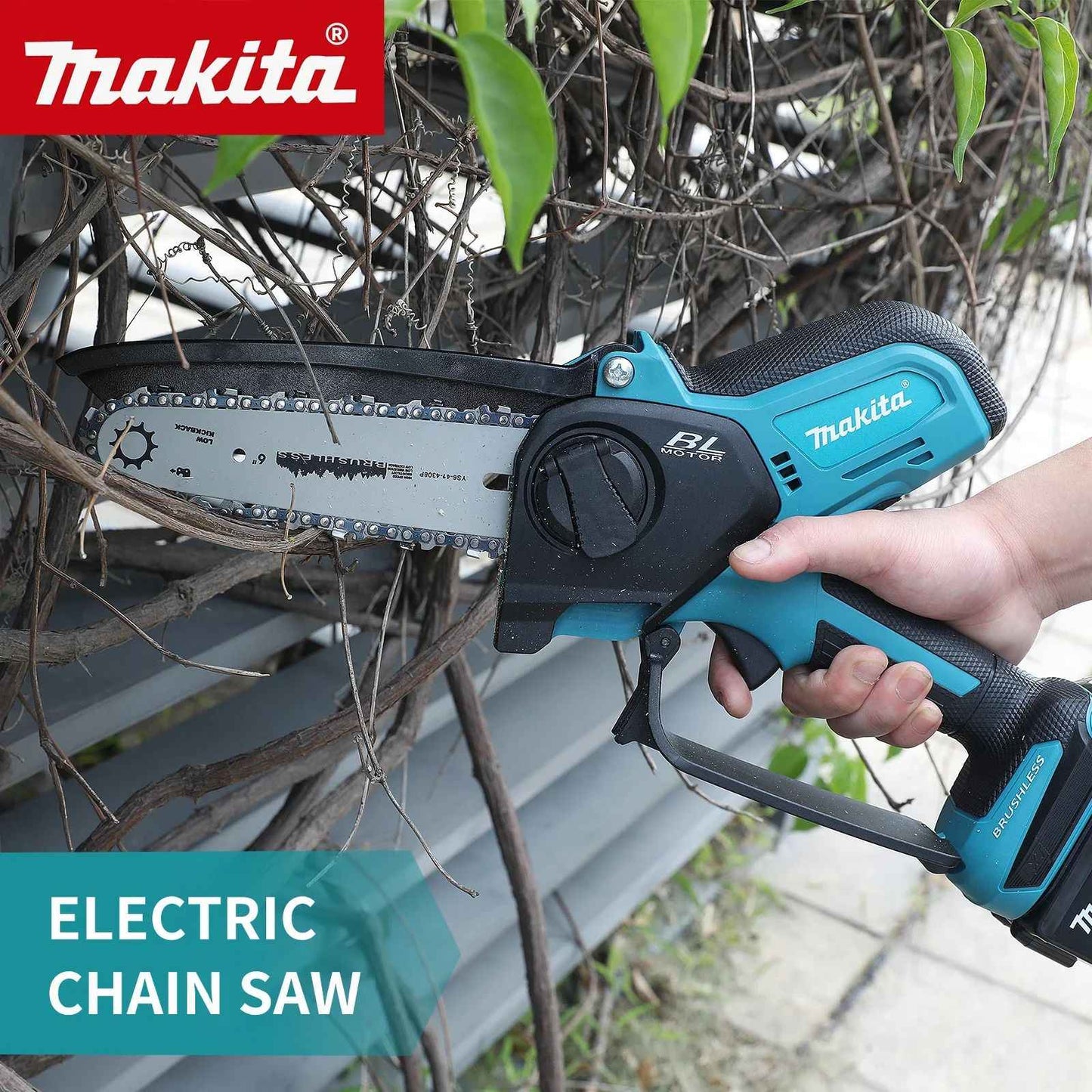 Motosserra Elétrica Makita: Curso de 20 mm, Velocidade de 8,0 m/s, equipada com Defletor Antirespingos e Corrente Automática