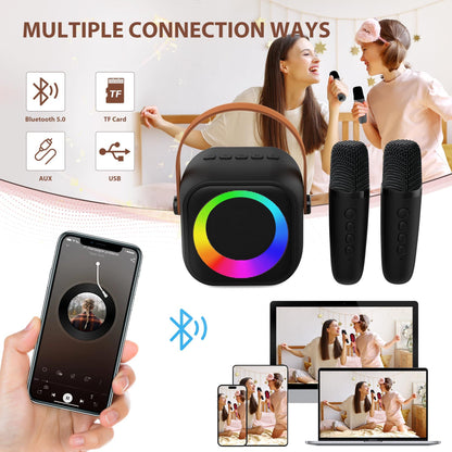 Máquina de Karaokê Portátil Haomuren com 1 ou 2 Microfones Sem Fio Mini Caixa de Som Bluetooth para Crianças Cantarem Presente de Festa em Família