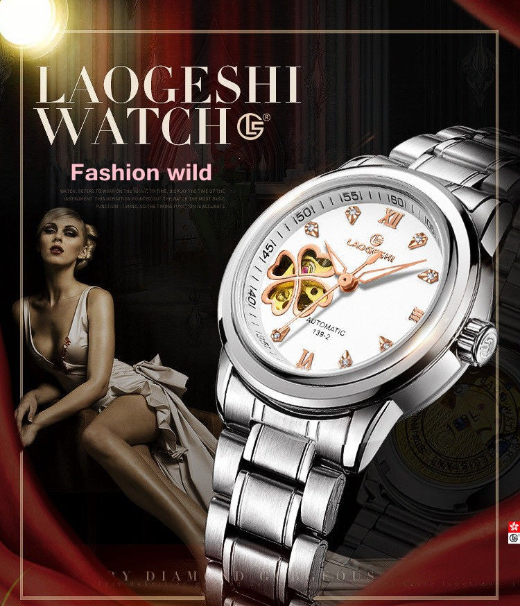 Women Automatic Mechanical Watches Diamond Four-leaf Clover WristWatches Ladies Rose Leather Watch Waterproof Senhoras Assistir