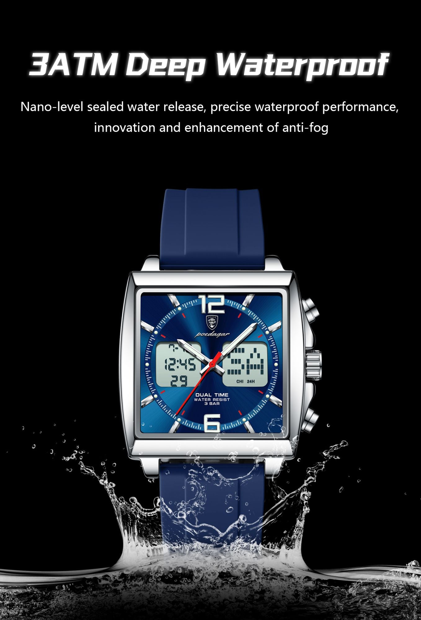 POEDAGAR Luxury Top Man Watch Electronic Square LED Alarm Chronograph Men's Watches Week Date Dual Time Display Men Quartz Clock