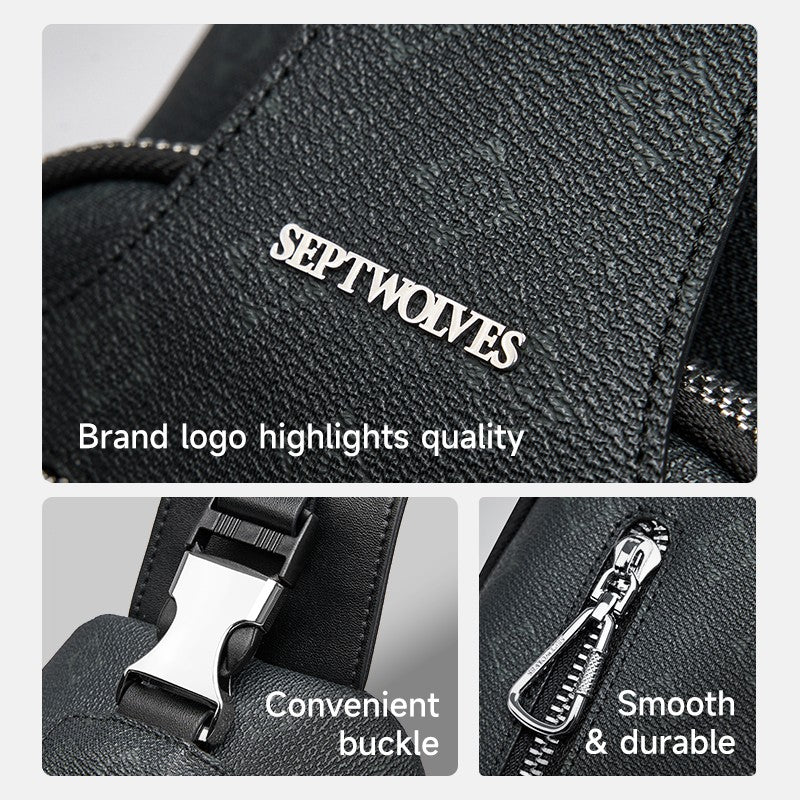 Septwolves Business Thin Printed Leather Crossbody Sling Bag Man Fashion Casual Travel Monogram Print Fabric iPad Shoulder Bag