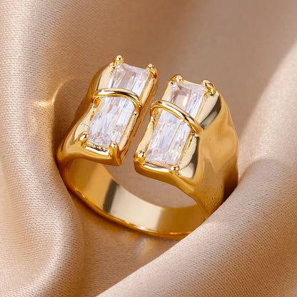Anéis de Aço Inoxidável Banhados a Ouro com Cristal para Mulheres Corrente Geométrico Zircônia Anel de Dedo Joia Presente anillos mujer 2025 Novo e Moderno