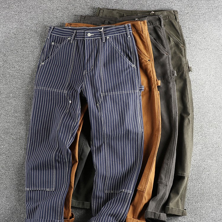 2025 Spring New American Retro Amekaji Heavyweight Woven Cargo Pants Men's Simple 100% Cotton Washed Straight Casual Trousers