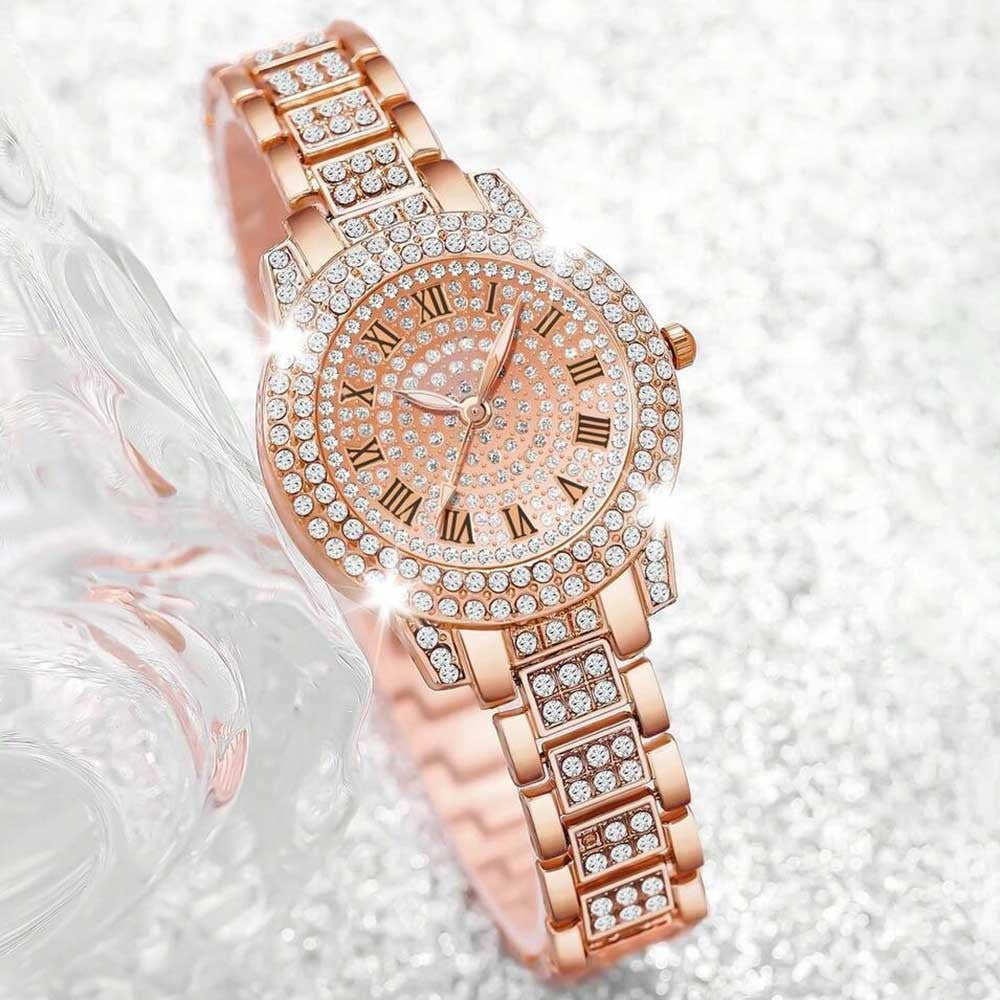 4PCS Luxury Women's Watch Set Trendy Fashion with Rhinestones Roman Numerals Round Dial Quartz watch Bracelet set Perfect Gift