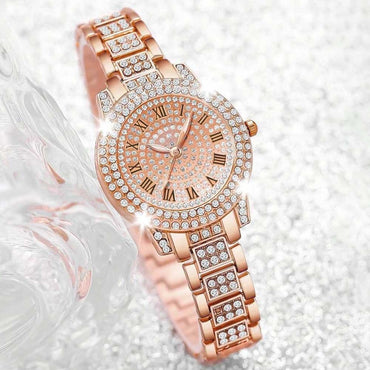 4PCS Luxury Women's Watch Set Trendy Fashion with Rhinestones Roman Numerals Round Dial Quartz watch Bracelet set Perfect Gift