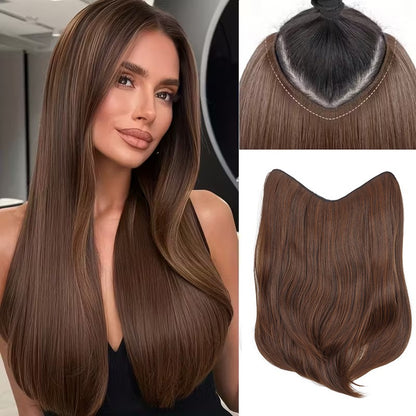 Extensões de Cabelo Sintético Longo Liso em V de 16 Polegadas com 4 Clipes, Aplique Preto Marrom para Adicionar Volume, Uso Diário e em Festas por Mulheres