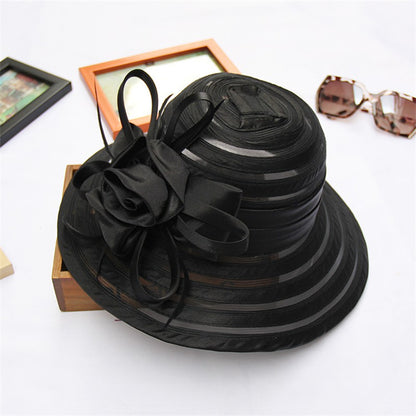 Chapéus de Sol de Organza Femininos Elegantes Chapéu Bucket para Mulheres Chapéu de Festa de Casamento na Igreja Chapéu Fedora Floral Grande de Aba Larga da Moda de Verão