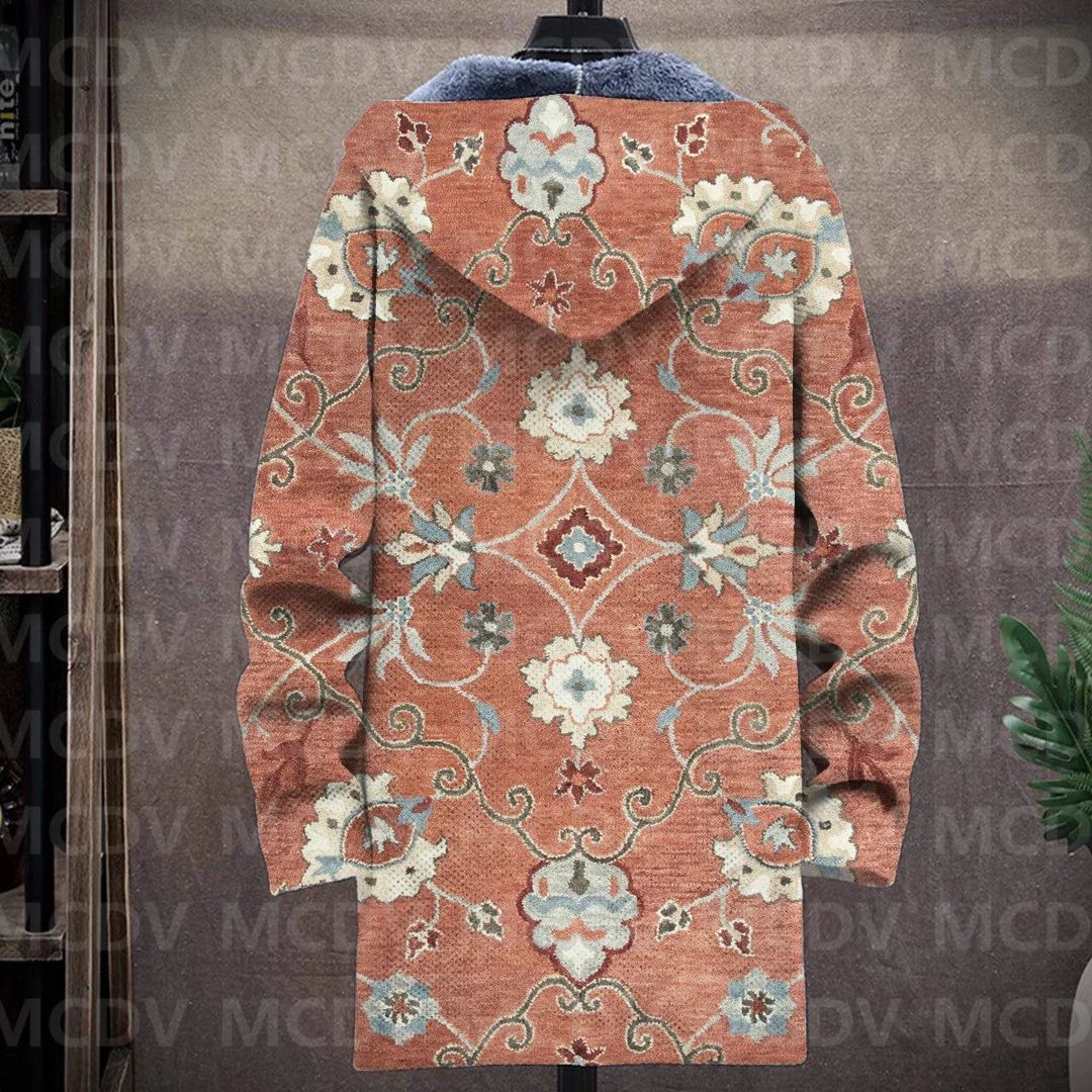 Men's Retro Flower Print Plush Thick Long-Sleeved Coat Fleece Hooded Overcoat Unisex Thick Warm Jacket-12 style