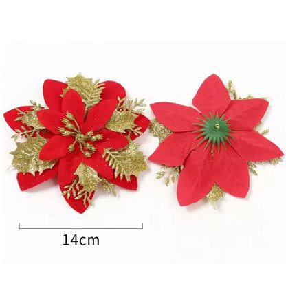 Large Glitter Artificial Christmas Flowers with Clips DIY Fake Flower Xmas Tree Ornaments for Home New Year Decoration Supplies
