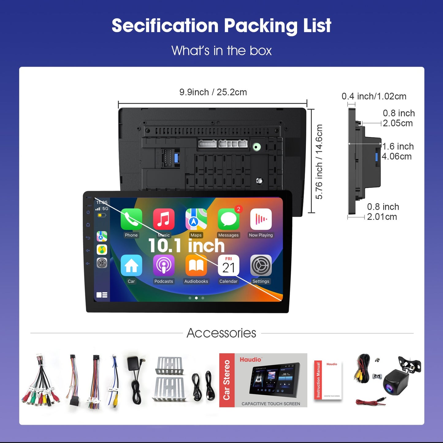 Central Multimídia Automotiva Duplo Din Sem Fio Haudio 10.1" com CarPlay e Android Auto, Rádio Automotivo com BT 4.1/Mirror Link/Câmera de Ré/FM/AM