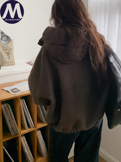 New Coats and Jackets Autumn Winter New Elegant Hooded Detachable Lace Up Short Woolen Coat Korean Fashion Casual Loose Jackets