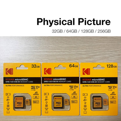 Cartão de Memória KODAK Original Micro SD 32GB 64GB 128GB 256GB C10 TF MicroSD U3 4K Para Telefone Drone Câmera Presente