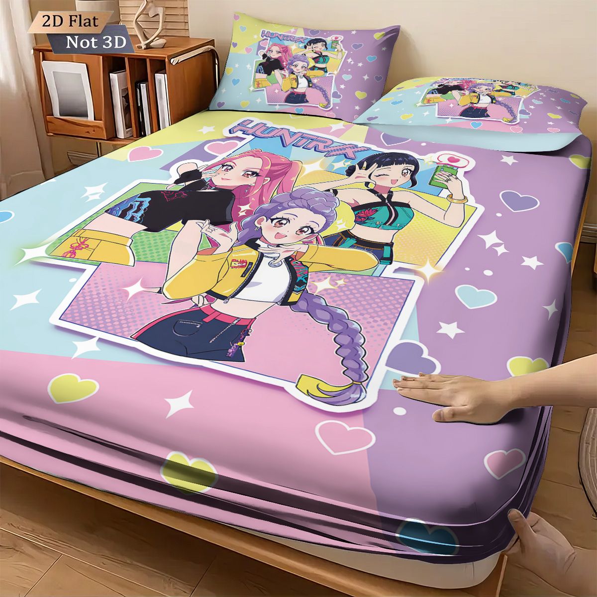 3 Peças K-Pop Caça-Demônios Estampa Lençol Sem Elástico Conjunto de Lençol Multi Tamanho Capa de Cama Macia Decoração de Quarto Lavável à Máquina