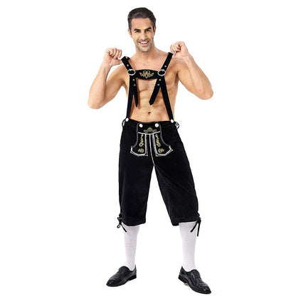 Germany Oktoberfest Costumes Adult Men Traditional Bavarian Beer Shorts Outfit Overalls Shirt Hat Suspenders Set Halloween Cloth