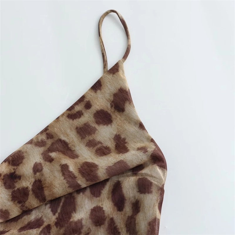 MUJER Leopard Print Tulle Slip Dress Woman Backless Summer Long Dresses For Wome