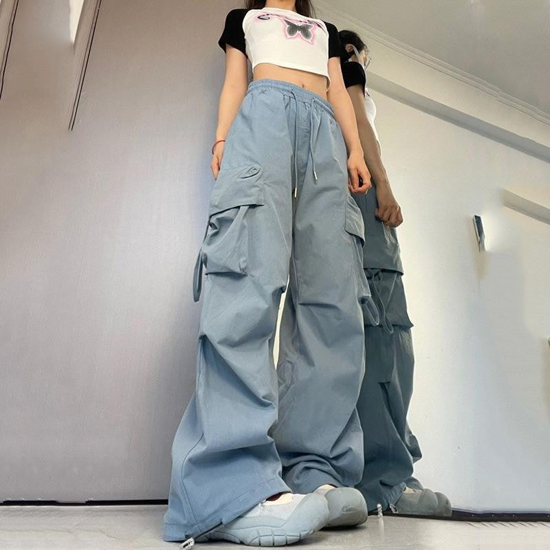 Ripped Y2K Women Cargo Pants Fashion Vintage Hip Hop Loose High Waist Pocket Baggy Pant Casual Streetwear Drawstring Sweatpant