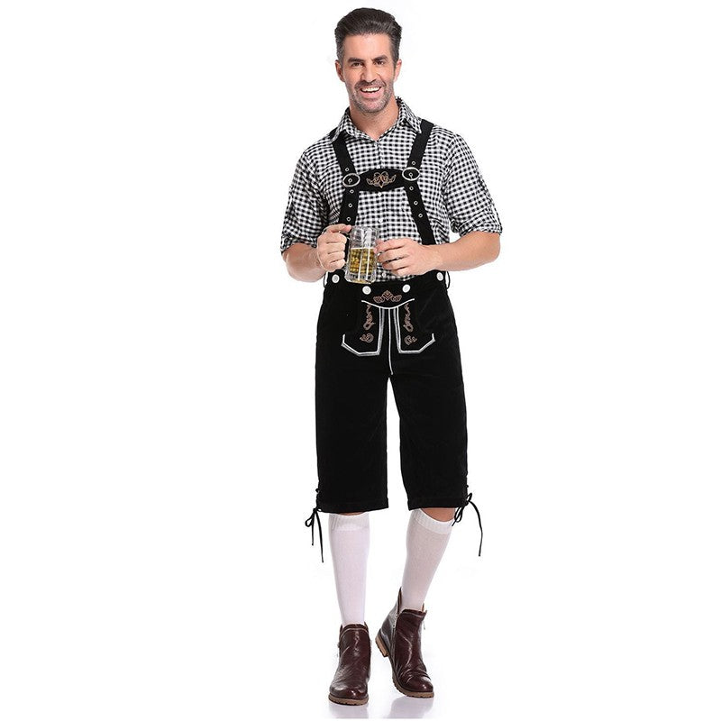 Germany Oktoberfest Costumes Adult Men Traditional Bavarian Beer Shorts Outfit Overalls Shirt Hat Suspenders Set Halloween Cloth