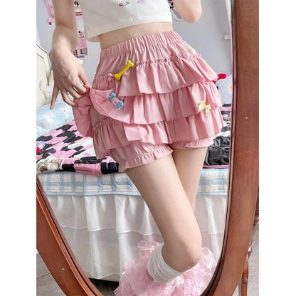 Y2K Sweet Ruffles Mini Skirt Women Kawaii Lolita Bow A Line Skirts Harajuku Japanese High Waist Pink White Ball Gown Skirt