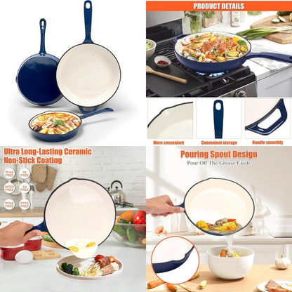 Enameled Cast Iron Cookware Set - 8-Inch Skillet, 9.5-Inch Frying Pan, and 11-Inch Cookware for Healthy Cooking