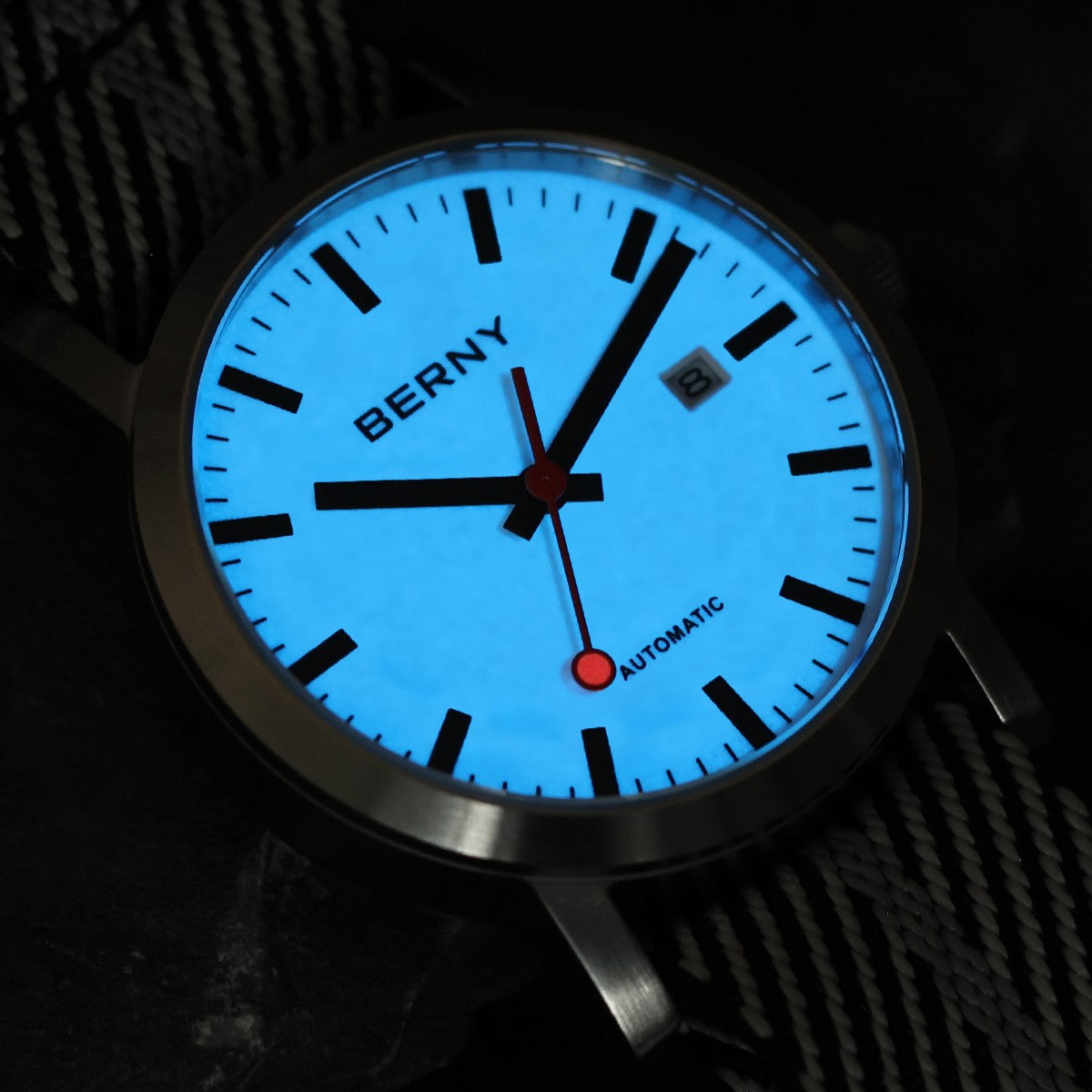 BERNY Automatic Watch Men 40mm Luminous Railway Time Dial MIYOTA 8215 Nylon Strap Sapphire 50M Waterproof Men's Mechanical Watch