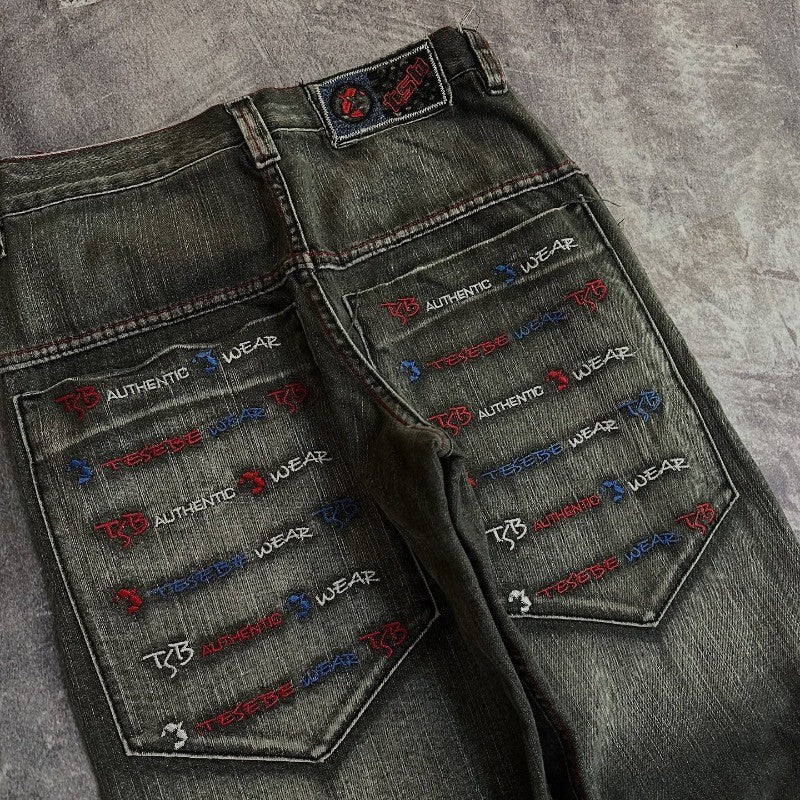 Streetwear Oversize Pocket Letter Embroidered Loose Jeans Women Y2K Vintage Hip Hop Pop Casual Wide-leg Pants Men And Women Wear