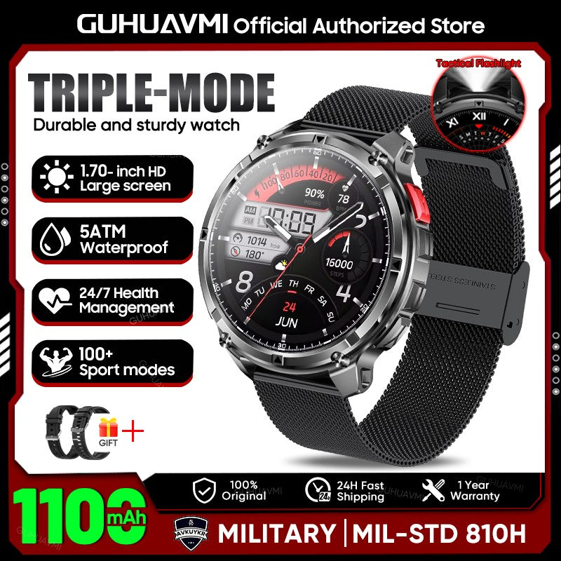 2026 New 1.7-inch Military sports SmartWatch 1100mAh large battery Outdoor compass flashlight 5ATM waterproof BT Call SmartWatch