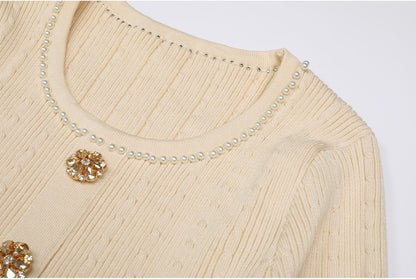 High Quality Spring And Autumn New Fashion Knitted Heavy Industry Pearl Slim Fit And Slimming Round Neck Long Sleeved Dress