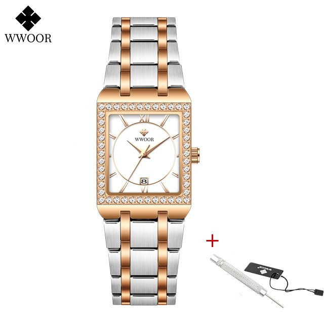 WWOOR Top Brand Luxury New Ladies Diamond Watch Fashion Square lady Wrist Watch Simple Women Dress Small Watch Relogio Feminino