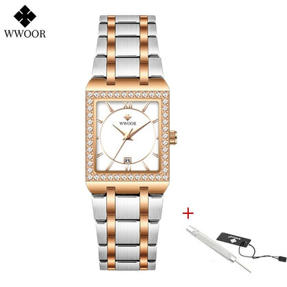 WWOOR Top Brand Luxury New Ladies Diamond Watch Fashion Square lady Wrist Watch Simple Women Dress Small Watch Relogio Feminino