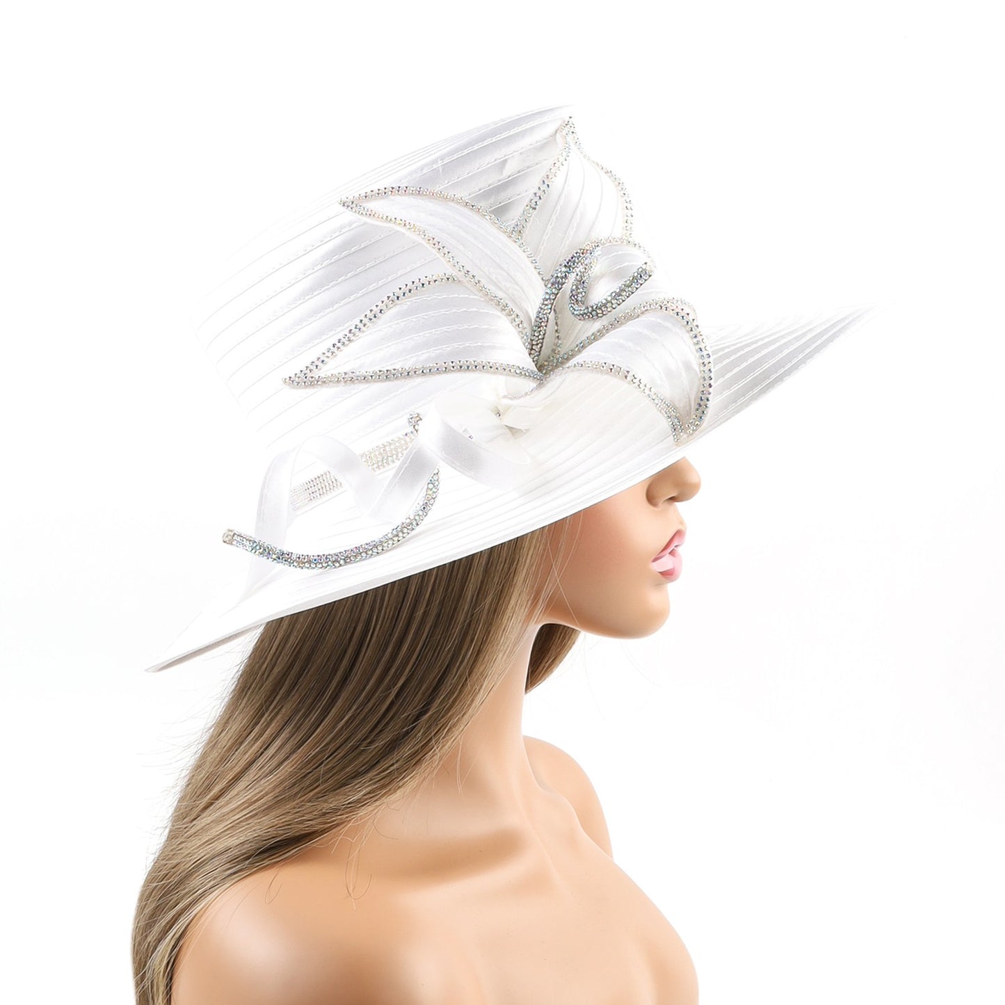 Deluxe New White Church Hat Party Banquet Satin Cloth Photography Hats Premium Chains Formal Hat Flower Top Cap For Women Ladies