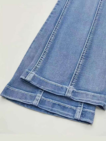 Women's Vintage Distressed Line Flared Jeans, Slim Fit, Mid Rise, Stretchable, Casual, Washed Denim Bell Bottoms