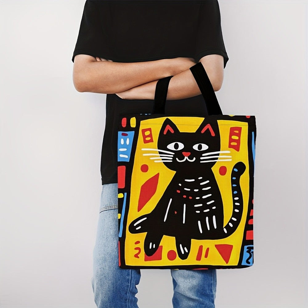 1pc Graffiti Cat Polyester Tote Bag, Durable Rectangle Shopping Bag, Ideal for Easter, Ramadan